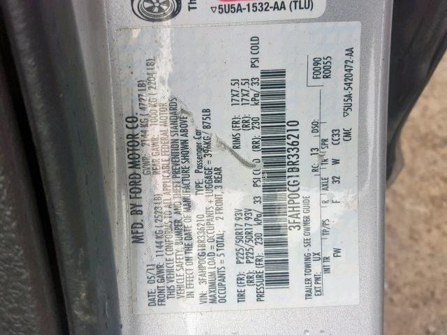 3FAHP0CG1BR336210 - 2011 FORD FUSION SEL SILVER photo 10