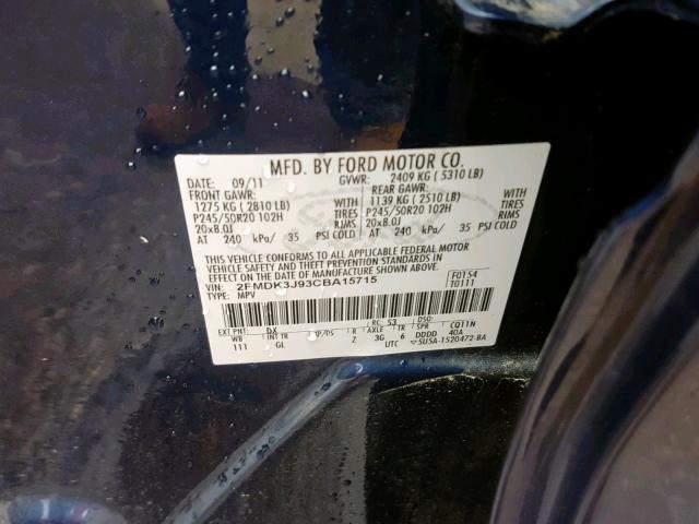 2FMDK3J93CBA15715 - 2012 FORD EDGE SEL BLUE photo 10