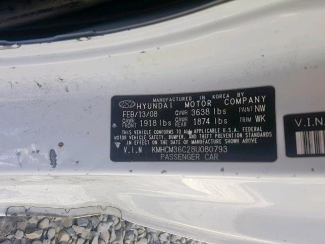 KMHCM36C28U080793 - 2008 HYUNDAI ACCENT GS WHITE photo 10