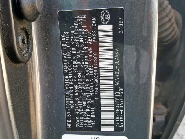 4T4BE46K89R132800 - 2009 TOYOTA CAMRY BASE GRAY photo 10