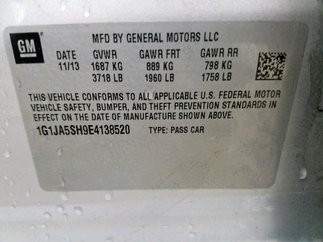 1G1JA5SH9E4138520 - 2014 CHEVROLET SONIC LS SILVER photo 10