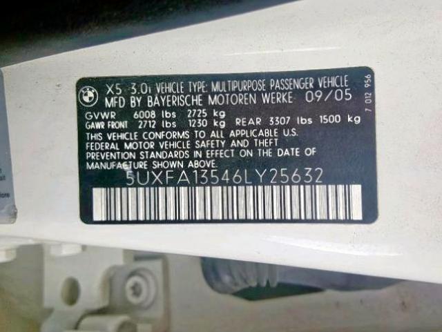 5UXFA13546LY25632 - 2006 BMW X5 3.0I WHITE photo 10