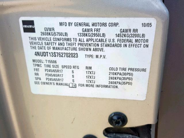 4NUDT13S762702023 - 2006 ISUZU ASCENDER S 灰色 照片 10