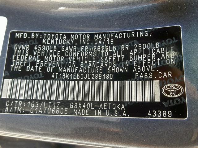 4T1BK1EB0JU289180 - 2018 TOYOTA AVALON XLE GRAY photo 10