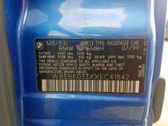 WBSBK033XXEC41842 - 1999 BMW M3 AUTOMAT BLUE photo 10