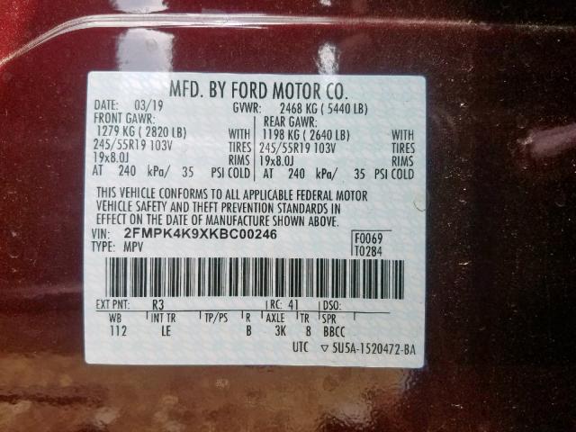 2FMPK4K9XKBC00246 - 2019 FORD EDGE TITAN MAROON photo 10