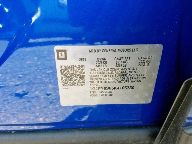 1G1FY6S06K4105780 - 2019 CHEVROLET BOLT EV LT BLUE photo 10