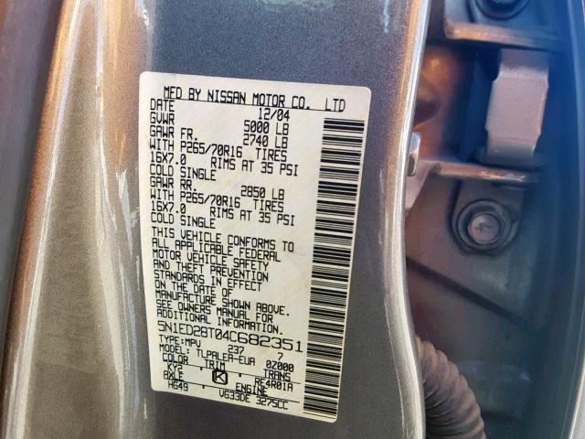 5N1ED28T04C682351 - 2004 NISSAN XTERRA XE GRAY photo 10