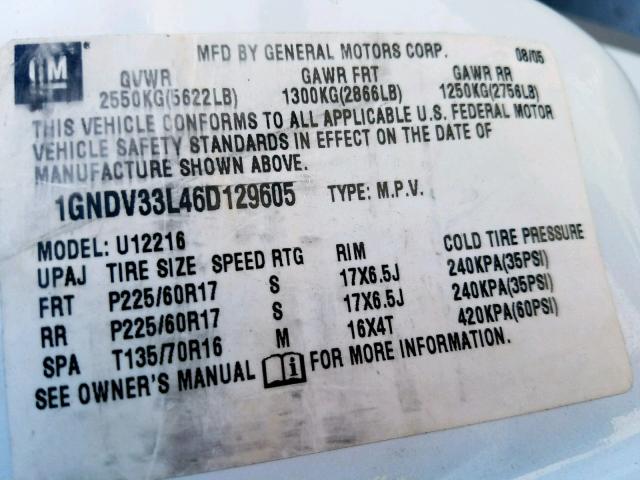 1GNDV33L46D129605 - 2006 CHEVROLET UPLANDER L WHITE photo 10