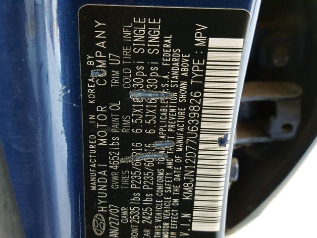 KM8JN12D77U639826 - 2007 HYUNDAI TUCSON SE BLUE photo 10