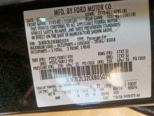 3LNDL2L32CR805024 - 2012 LINCOLN MKZ HYBRID BLACK photo 10