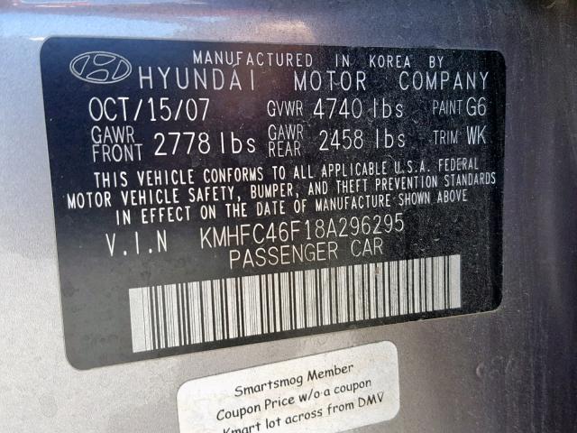 KMHFC46F18A296295 - 2008 HYUNDAI AZERA SE GRAY photo 10