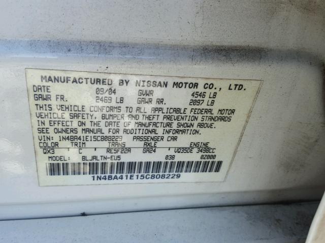 1N4BA41E15C808229 - 2005 NISSAN MAXIMA SE WHITE photo 10