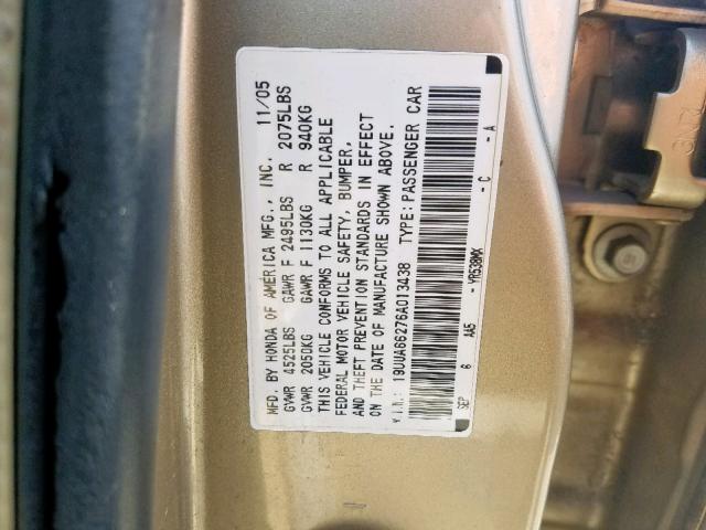 19UUA66276A013438 - 2006 ACURA 3.2TL GOLD photo 10