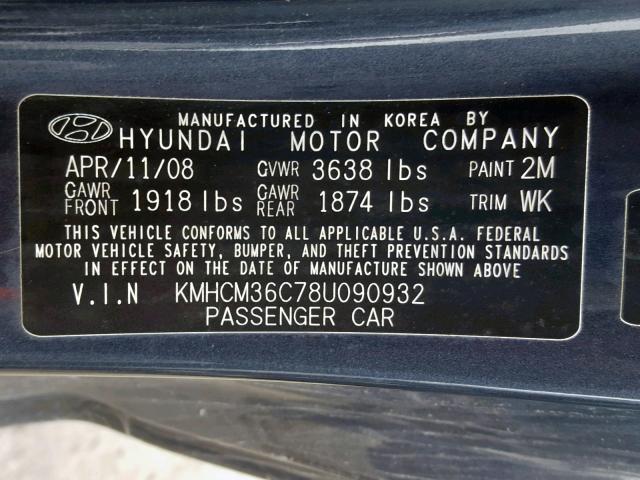 KMHCM36C78U090932 - 2008 HYUNDAI ACCENT GS GRAY photo 10