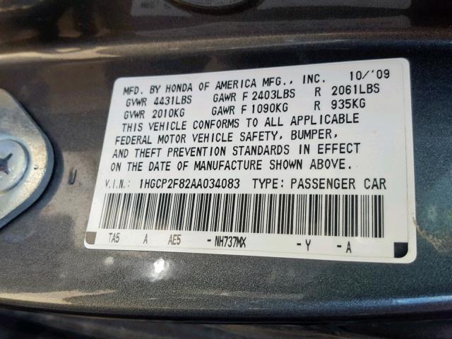 1HGCP2F82AA034083 - 2010 HONDA ACCORD EXL GRAY photo 10