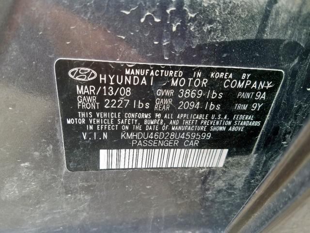 KMHDU46D28U459599 - 2008 HYUNDAI ELANTRA GLS  photo 10