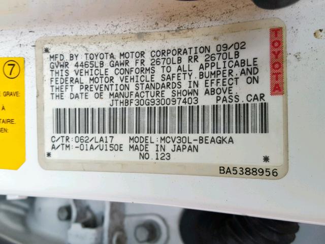 JTHBF30G930097403 - 2003 LEXUS ES 300 WHITE photo 10