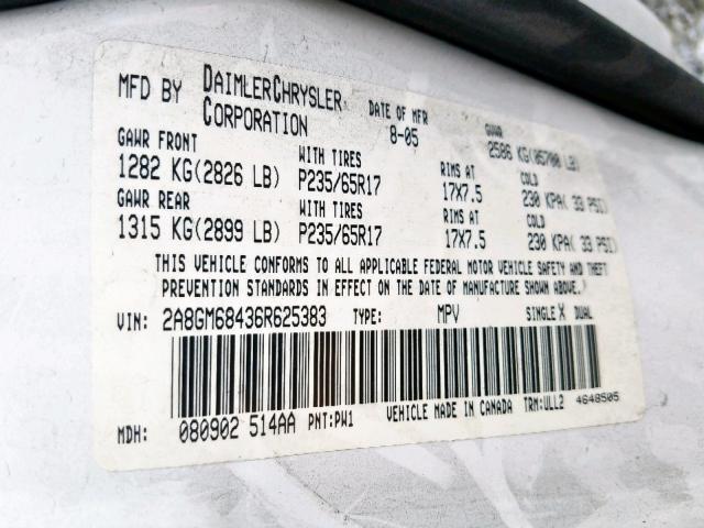 2A8GM68436R625383 - 2006 CHRYSLER PACIFICA T WHITE photo 10