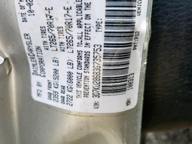 3D7KU28683G735753 - 2003 DODGE RAM 2500 S ვერცხლისფერი ფოტო 10