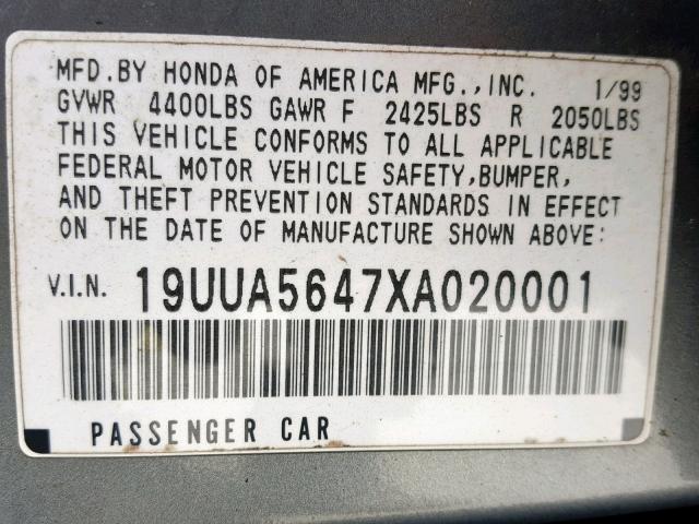 19UUA5647XA020001 - 1999 ACURA 3.2TL TEAL photo 10