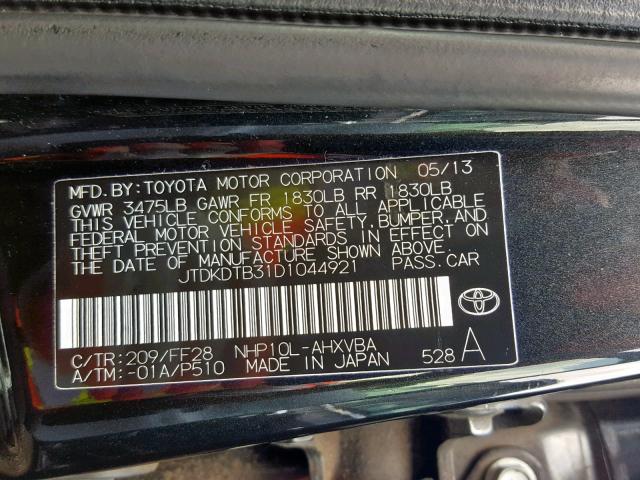 JTDKDTB31D1044921 - 2013 TOYOTA PRIUS C BLACK photo 10