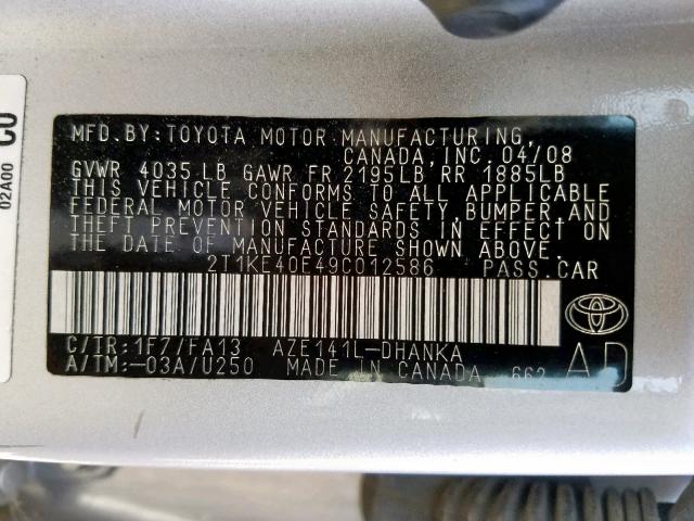 2T1KE40E49C012586 - 2009 TOYOTA COROLLA MA SILVER photo 10