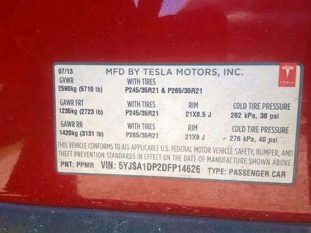 5YJSA1DP2DFP14626 - 2013 TESLA MODEL S RED photo 10