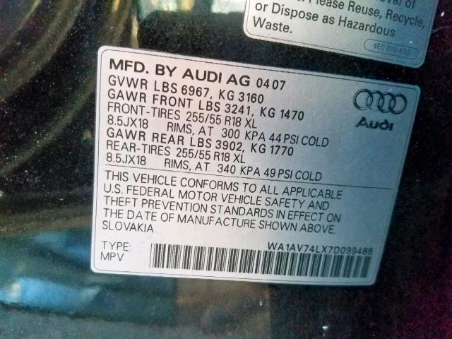 WA1AV74LX7D099488 - 2007 AUDI Q7 4.2 QUA BLACK photo 10