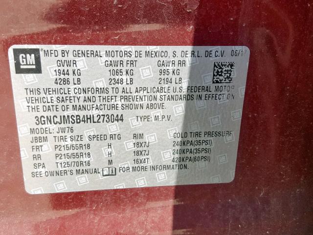 3GNCJMSB4HL273044 - 2017 CHEVROLET TRAX PREMI MAROON photo 10