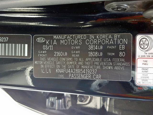 KNAFU4A28B5419237 - 2011 KIA FORTE EX BLACK photo 10