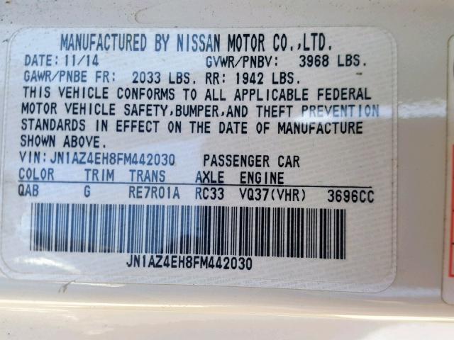 JN1AZ4EH8FM442030 - 2015 NISSAN 370Z BASE WHITE photo 10