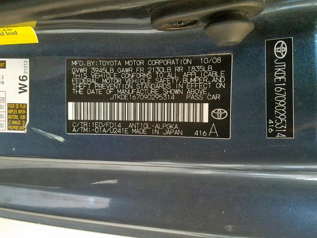 JTKDE167090295314 - 2009 TOYOTA SCION TC ნაცრისფერი ფოტო 10