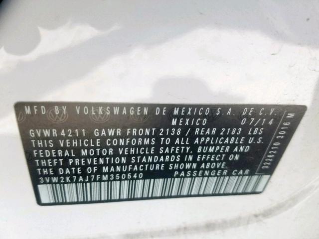 3VW2K7AJ7FM350540 - 2015 VOLKSWAGEN JETTA BASE WHITE photo 10