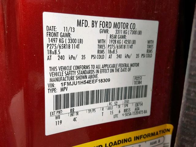 1FMJU1H54EEF18309 - 2014 FORD EXPEDITION RED photo 10