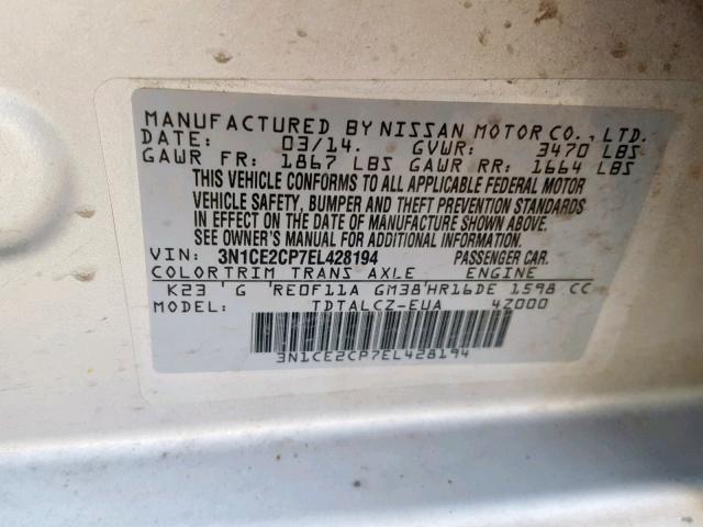 3N1CE2CP7EL428194 - 2014 NISSAN VERSA NOTE SILVER photo 10