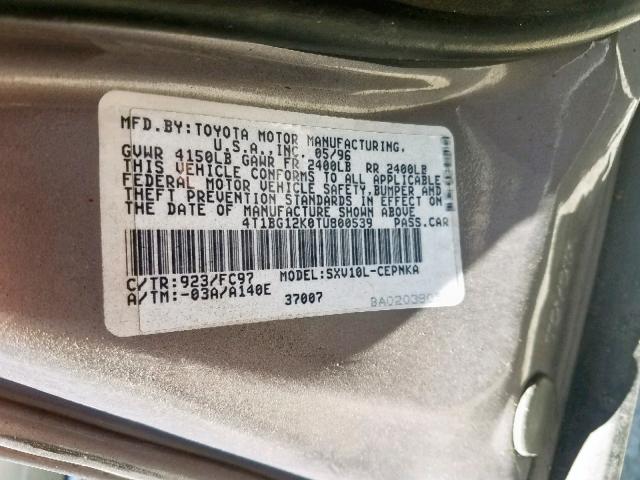 4T1BG12K0TU800539 - 1996 TOYOTA CAMRY DX GRAY photo 10