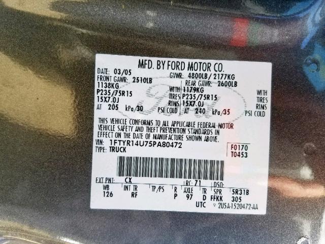 1FTYR14U75PA80472 - 2005 FORD RANGER SUP GRAY photo 10