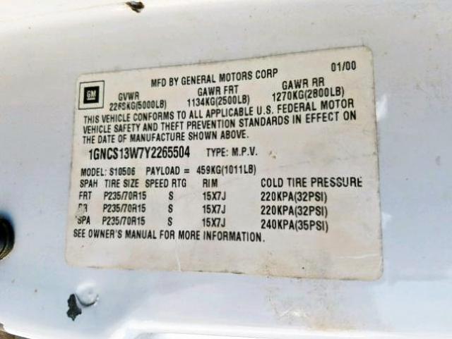 1GNCS13W7Y2265504 - 2000 CHEVROLET BLAZER WHITE photo 10