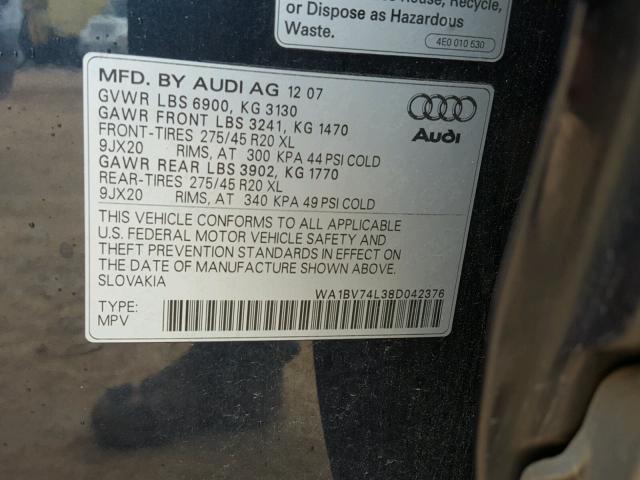 WA1BV74L38D042376 - 2008 AUDI Q7 4.2 QUA BLACK photo 10