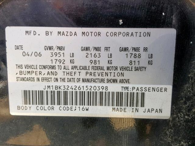 JM1BK324261520398 - 2006 MAZDA 3 S BLACK photo 10