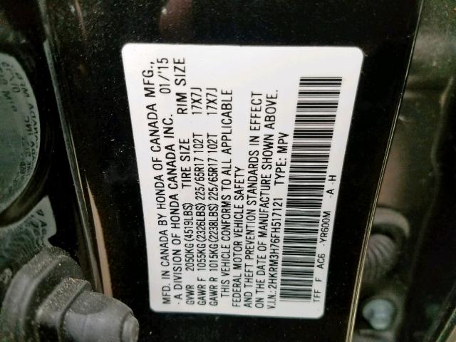 2HKRM3H76FH517121 - 2015 HONDA CR-V EXL BLACK photo 10