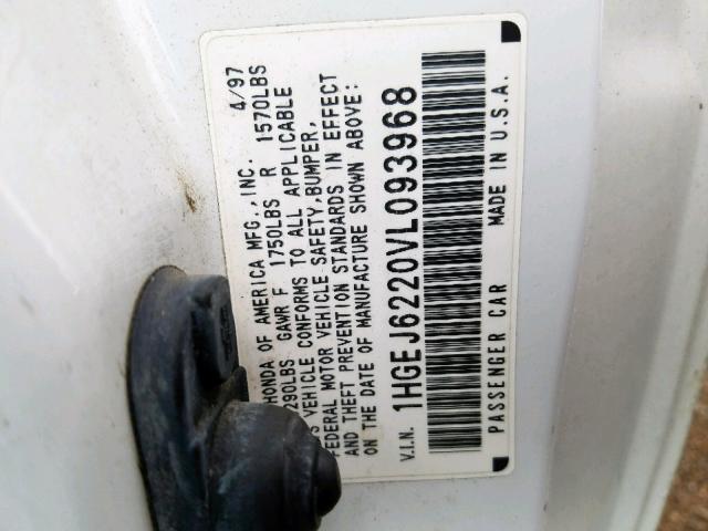 1HGEJ6220VL093968 - 1997 HONDA CIVIC DX WHITE photo 10