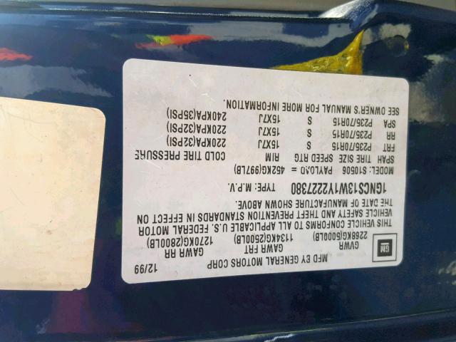 1GNCS13W1Y2227380 - 2000 CHEVROLET BLAZER BLUE photo 10