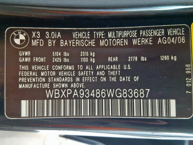 WBXPA93486WG83687 - 2006 BMW X3 3.0I BLACK photo 10