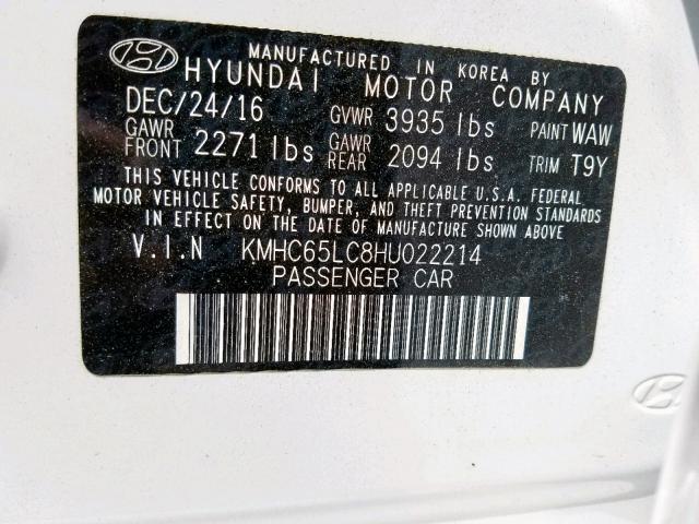 KMHC65LC8HU022214 - 2017 HYUNDAI IONIQ BLUE WHITE photo 10