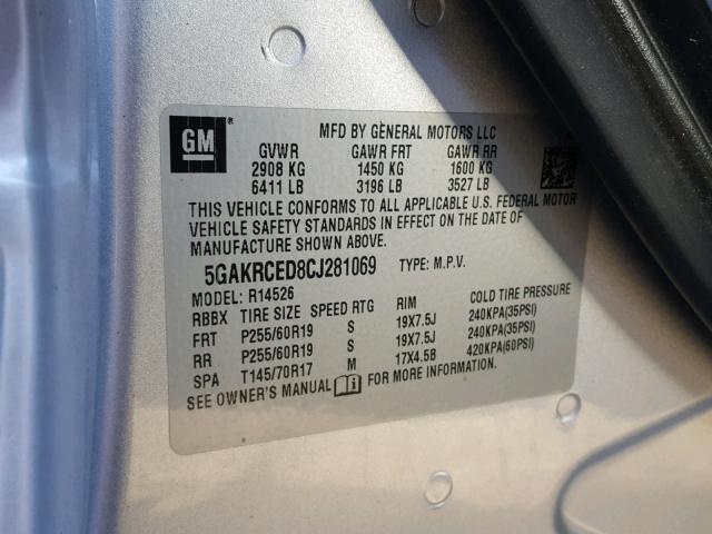 5GAKRCED8CJ281069 - 2012 BUICK ENCLAVE SILVER photo 10