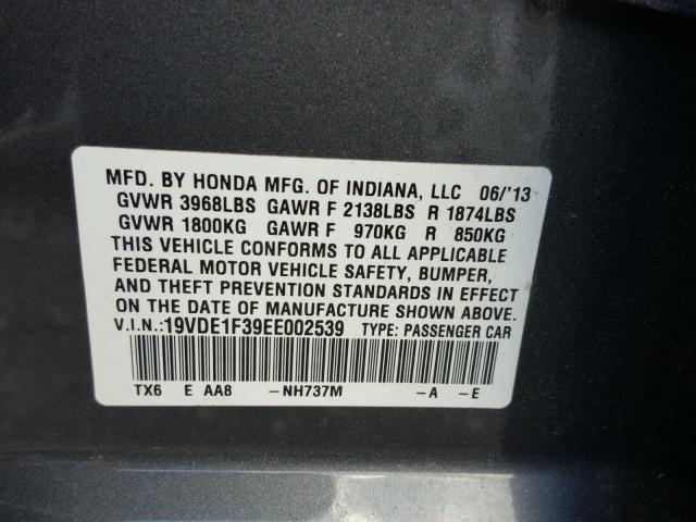 19VDE1F39EE002539 - 2014 ACURA ILX 20 GRAY photo 10