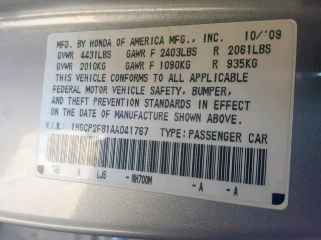 1HGCP2F81AA041767 - 2010 HONDA ACCORD EXL SILVER photo 10