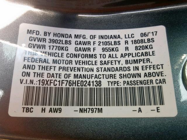 19XFC1F76HE024138 - 2017 HONDA CIVIC EXL 灰色 照片 10